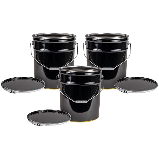 ATERET 5 Gallon Black Metal Bucket & Lever Lock Pail Lid, Heavy Duty Durable Pails and Lids for Outdoor and Household Use (3 Pack)