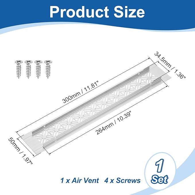 uxcell Aluminum Alloy Air Vents, 300 x 50mm / 11.8 x 2" Rectangle Louvered Ventilation Grille Cover with Mounting Screws for Door Cabinet Wardrobe, Silver