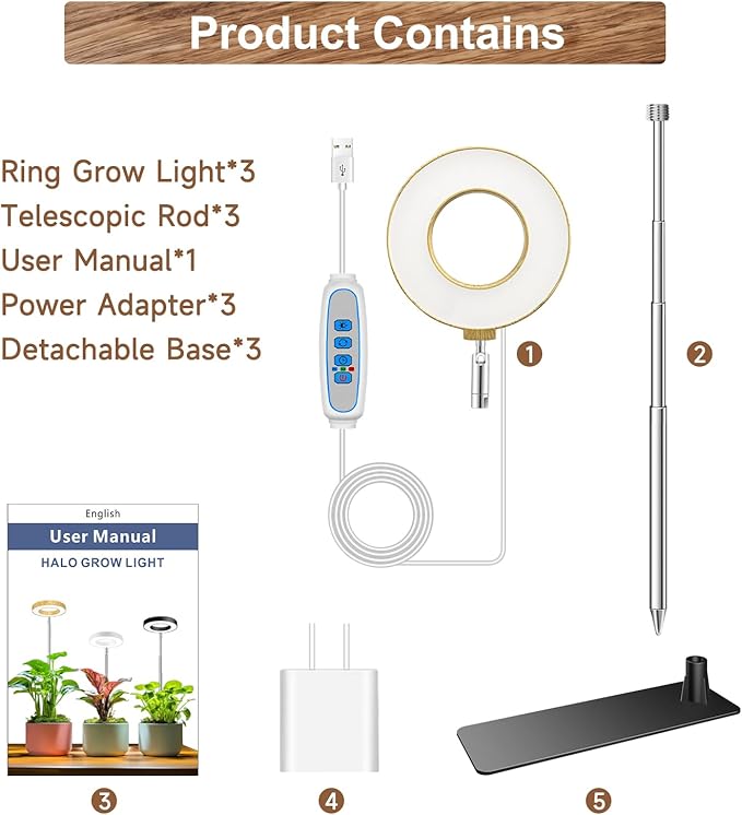 Aokrean Grow Light, 48 LEDs Full Spectrum Plant Lights for Indoor Growing, Height Adjustable Wood Grain Plant Grow Light with Base, 3 Optional Spectrums, Auto Timer 6/12/16Hrs, 5 Brightness