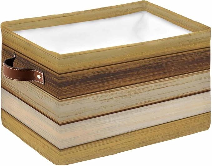 Vintage Yellow Wood Storage Bins Cubes Waterproof Cloth Storage Basket, Farmhouse Retro Wooden Plank Foldable Storage Bags for Shelf Closet Clothes Storage Organizers with Handles 15x11x9.5 in 1PCS