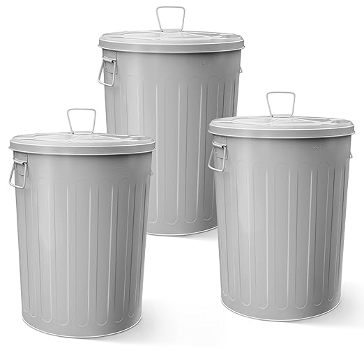 Plexon 20 Gallon Metal Trash Can with Lid Outdoor Large Trash Bin Steel Garbage Can for Garage Patio Farmhouse Bucket Bird Seed Storage Can Heavy Duty Round Container, Gray 3 Pack