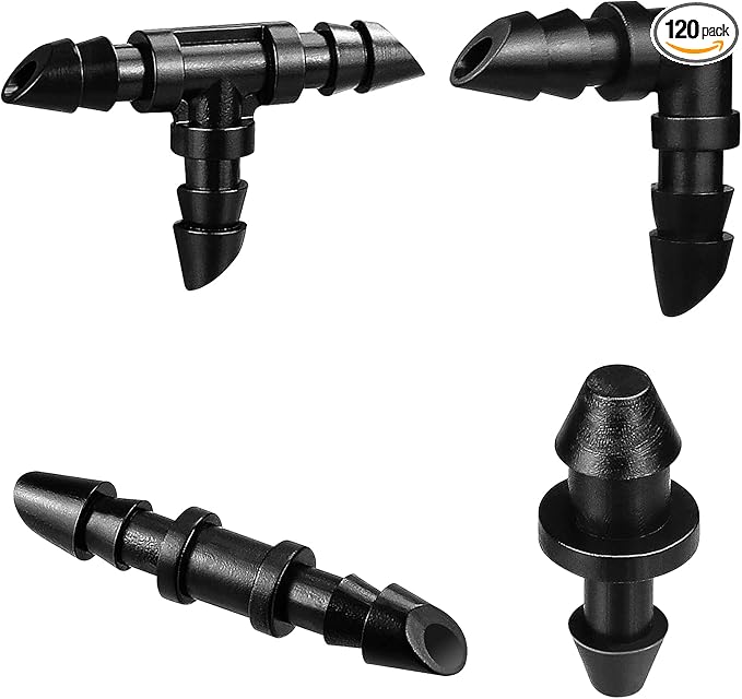 120 Pack Drip Irrigation Fittings Kit - Barbed Connectors for 1/4" Tubing,Includes 50 Couplings,40 Tees, 20 Elbows and 10 End Plugs for Drip or Sprinkler Systems