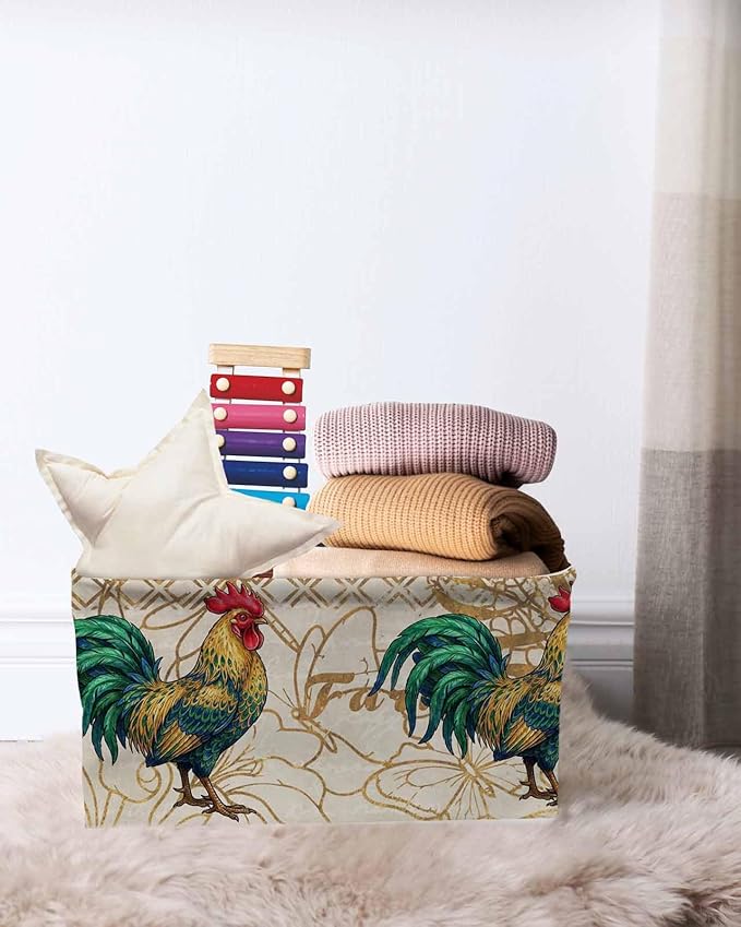 Vintage Rooster Storage Bins Cubes Waterproof Cloth Storage Basket, Elegant Retro Animals Farmhouse Foldable Storage Bags for Shelf Closet Clothes Storages Organizers with Handles 15x11x9.5 in 1PCS