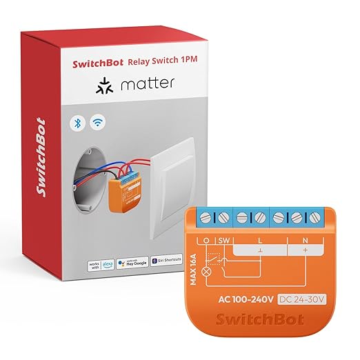 SwitchBot Matte Relay Switch 1PM, WiFi Switch Compatible with Alexa/Apple Home/Google Home, Power-Measuring Relay Switch Module with Integrated Bluetooth Repeater, Bluetooth & Wi-Fi 2.4 GHz, 16 A