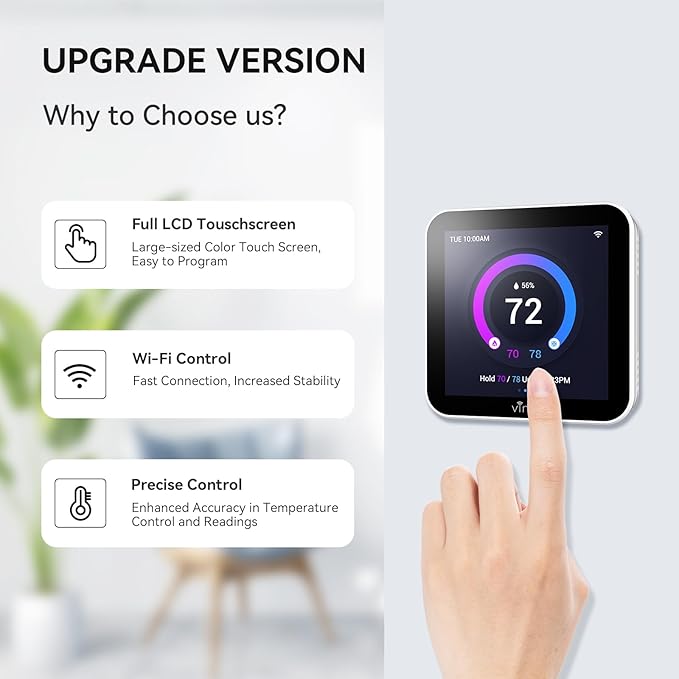 vine Smart Thermostat Larger Color Screen Thermostats for Home Heat and AC, 7 Day Programmable WiFi Thermostat App Control Compatible with Alexa and Google Assistant, C-Wire Required
