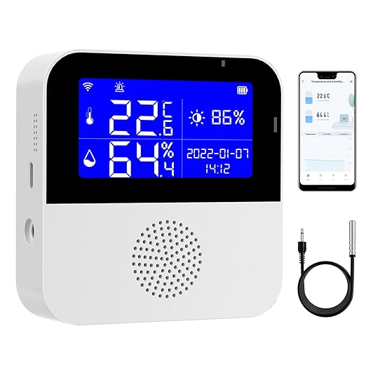 WiFi Temperature Humidity Monitor: Digital Thermometer Hygrometer with Brightness Sensor, Backlit Screen, Buzzer Alarm & App Alerts, Smart Temperature Humidity Sensor Compatible with Alexa