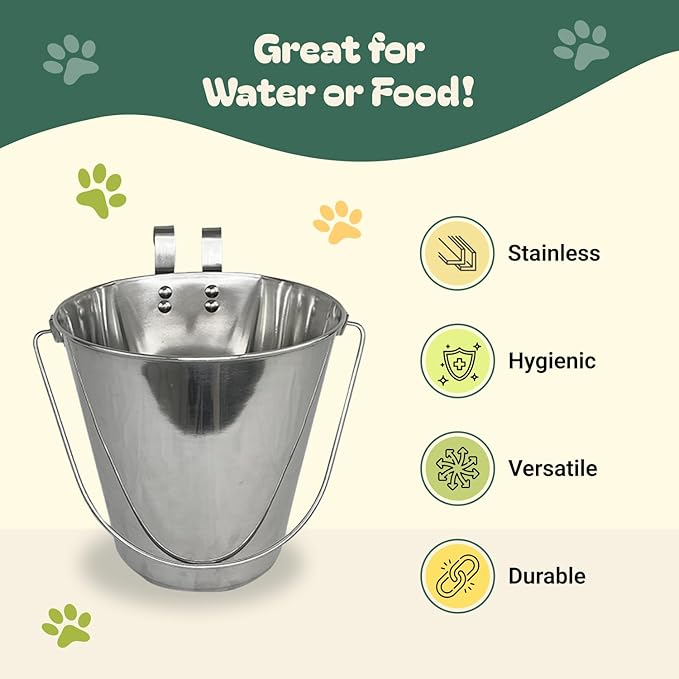 9 Quart Stainless Steel Bucket with Dual Hook | Perfectly Fits on Kennels, Cages and Critter Crates | Heavy Duty Bucket for Pets Cleaning & Food Prep - Flat Sided Pail