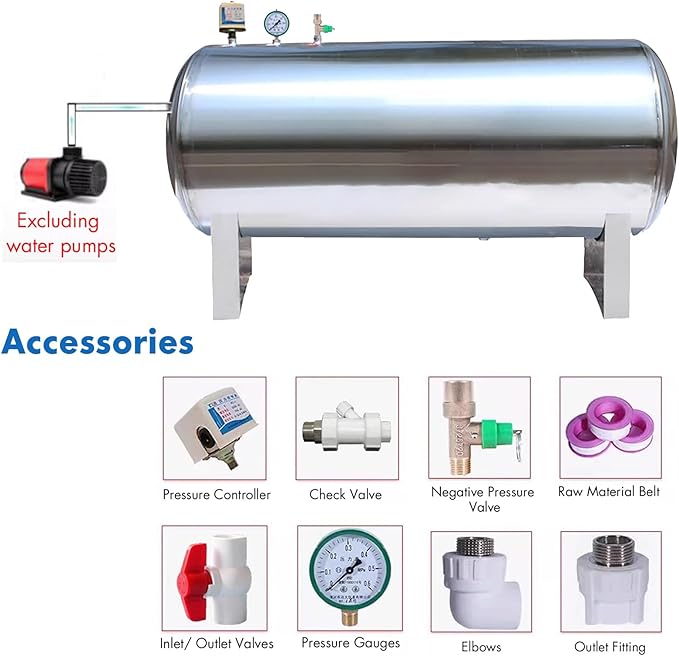 25 40 50 65 80 130 185 Gal Horizontal Pressure Tank Stainless Steel/ Water Pressure Tank for Water Well Pump & Sprinkler Systems - Domestic Water Pressurized Storage Containers with Mounting Kit ( Siz