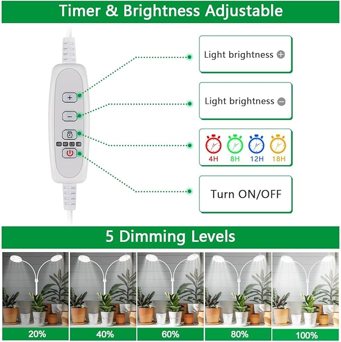 GYTF Grow Light Dual Ring 3.5" with Base, 122 LEDs 6000K White Full Spectrum Gooseneck Plant Lamp for Indoor Desk Plants, Dimmable & Height Adjustable 9-16", Timer 4/8/12/18Hrs