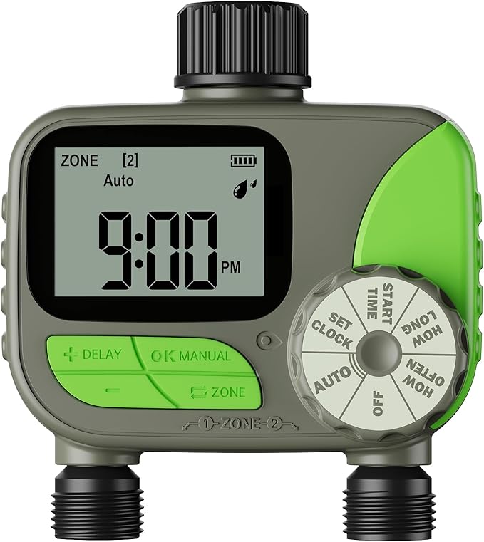 Sprinkler Timer, Watering Timer for Garden Hose, 2 Outlets Programmable Hose Timers with Rain Delay, Outdoor Soaker Auto & Manual Drip Irrigation Controller System for Lawn Yard Greenhouse