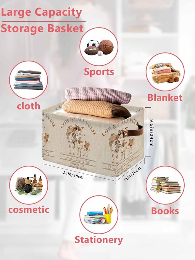Beige Farm Animals Storage Bins Cubes Waterproof Cloth Storage Basket, Vintage Cow Farmhouse Foldable Storage Bags for Shelf Closet Clothes Storages Organizers with Handles 15x11x9.5 in 2PCS
