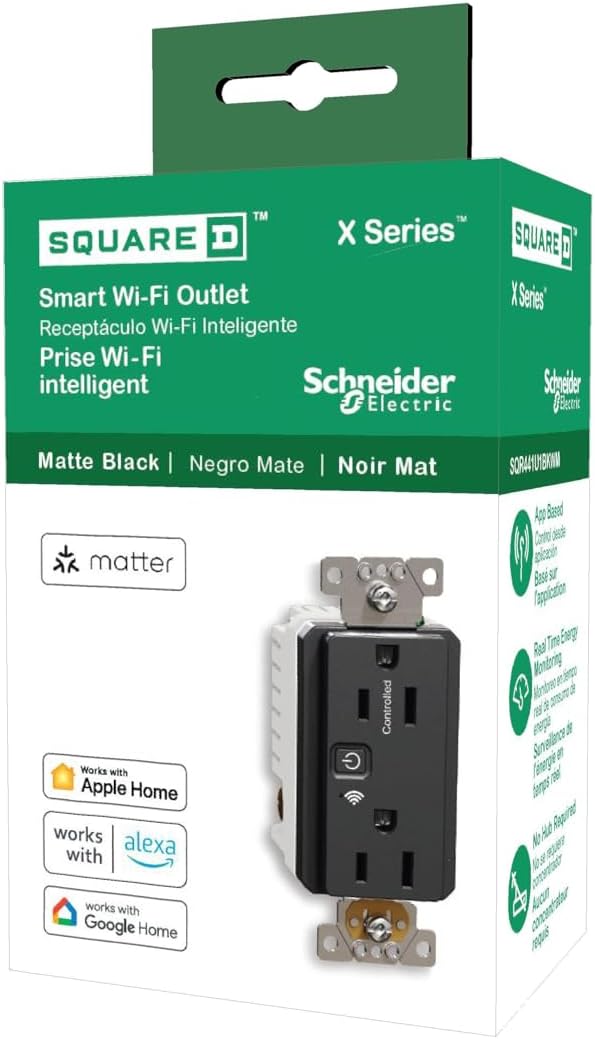 Square D by Schneider Electric X Series 15A 125V Wi-Fi Energy Monitoring Socket Outlet, Tamper Resistant, Matter Certified, Compatible with Alexa, Google Home, Apple Home, Matte Black
