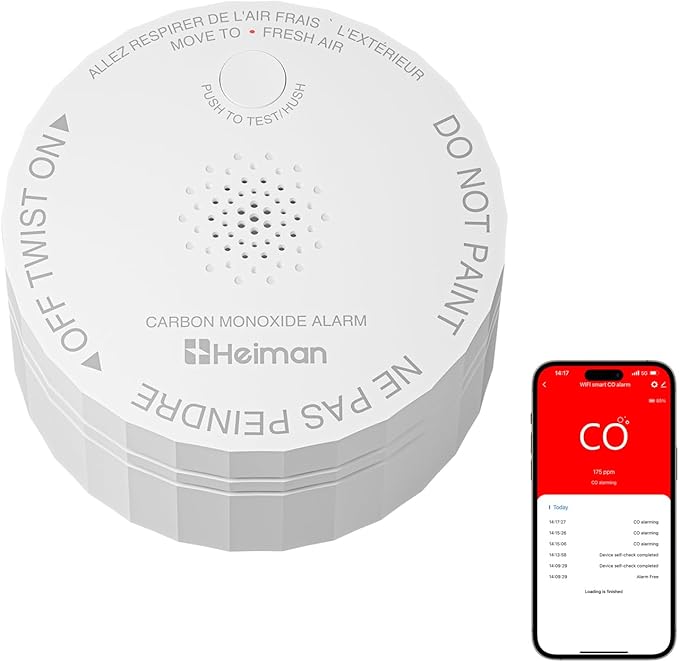 HEIMAN Smart Carbon Monoxide Detectors, Wi-Fi Nano CO Alarm, UL 2034 5th Certified, Real-Time App Notifications, Battery Powered, Test-Reset Button, 10-Year Figaro Sensor, Portable for Trave