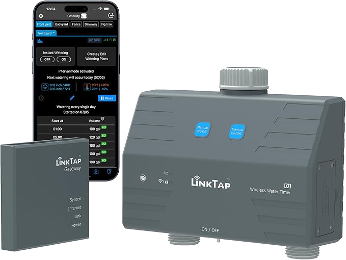LinkTap D1 Smart Hose Timer & Gateway, 2 Zone Irrigation by Duration/Weather/Volume, Intelligent Fault Detection & Alerts, Anti-Freeze Protection, Long Battery Life, Scalable Mesh Network via Extender