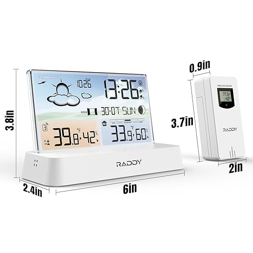 Raddy DT6 Weather Station Indoor Outdoor, Atomic Clock, Digital Color Display Indoor and Outdoor Thermometer Hygrometer, Home Weather Station with Weather Forecast and Barometer