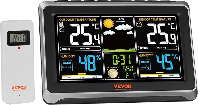 VEVOR Weather Station Indoor Outdoor, 7.5 in Color Display, Wireless Digital Home Weather Station, with Sensor Atomic Clock Adjustable Backlight Forecast Data Calendar Alarm Alert Temperature-NO WiFi