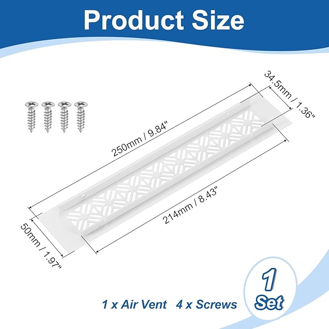 uxcell Aluminum Alloy Air Vents, 250 x 50mm / 9.8 x 2" Rectangle Louvered Ventilation Grille Cover with Mounting Screws for Door Cabinet Wardrobe, White