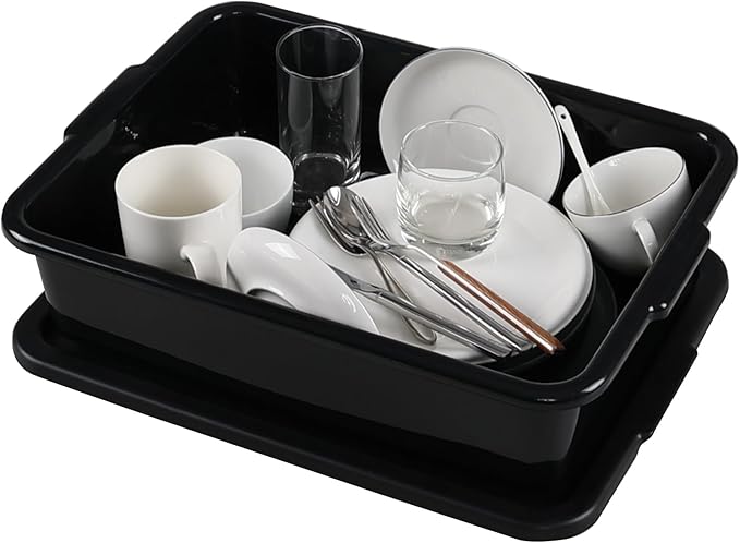 3-Pack 13 L Plastic Commercial Bus Tub with Lid, Restaurant Dish Tub, 4.7" Deep, Black