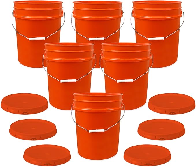 ePackageSupply 5 Gallon Bucket - Food Grade Bucket with Airtight Gasketed Tear Strip Lid, BPA-Free, Heavy-Duty 90 Mil HDPE Plastic Pail, Bulk Storage, Durable Container, Made in USA - Orange, 6 Packs