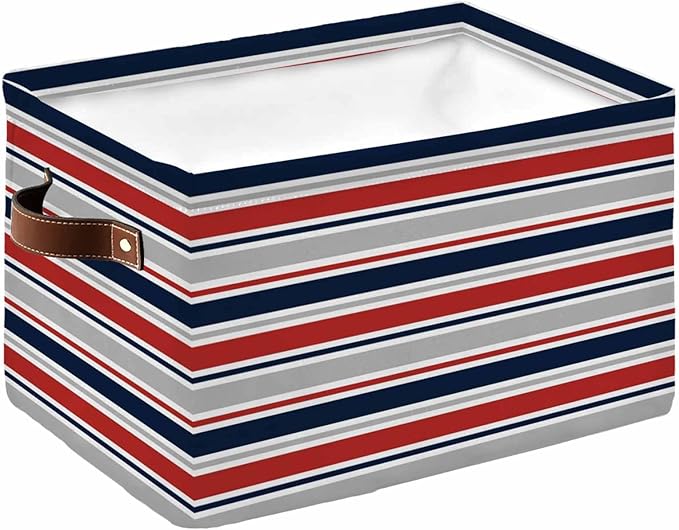 Red Navy Blue Striped Storage Bins Cubes Waterproof Cloth Storage Basket,Farmhouse Stripes Modern Abstract Art Foldable Storage Bags for Shelf Storages Organizers with Handles 15x11x9.5 in 1PCS