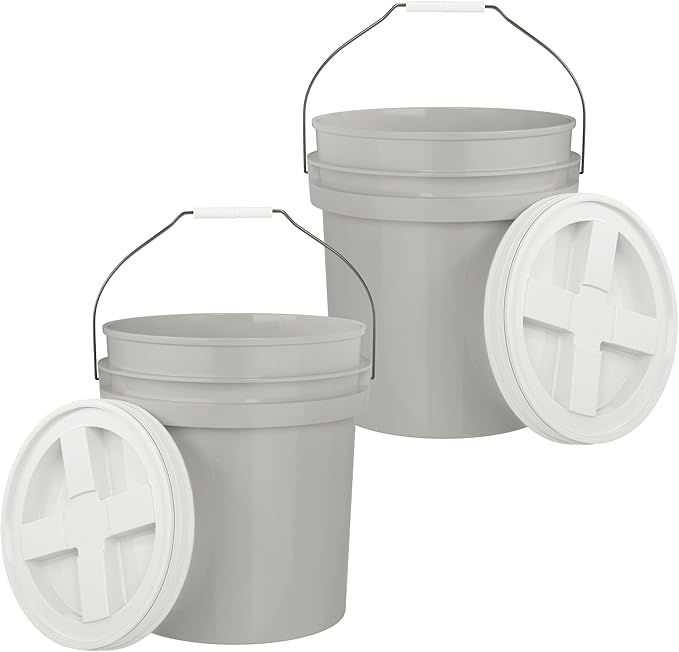 5-Gallon Grey Bucket Pail with Gamma Seal Screw on Airtight Lid, Metal Handles with Plastic Grip for Easy Carrying, Easy Stack and Store, Heavy-Duty 90MIL Extra Durable, Food Grade, BPA Free - 2 Pack