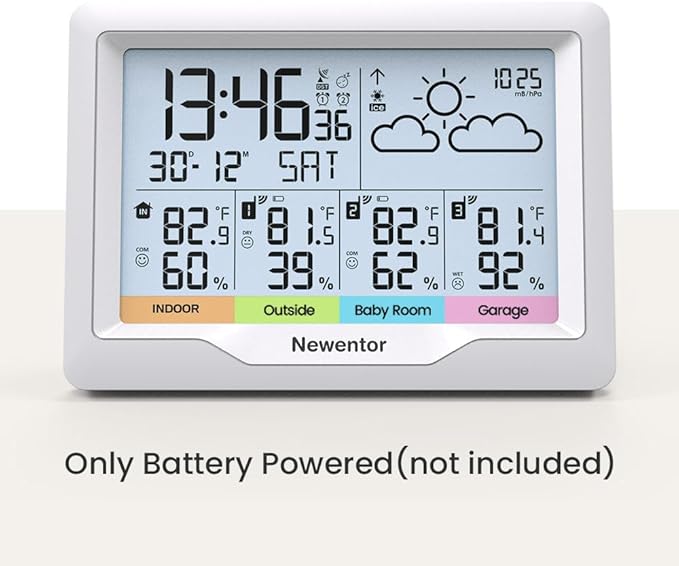 Newentor Weather Stations Wireless Indoor Outdoor Multiple Sensors, Indoor Outdoor Thermometer with Atomic Weather Clock Battery Powered, Temperature Humidity Monitor and Barometer for Home, White