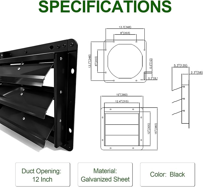 Galvanized Sheet Automatic Exhaust Louver Vent (Fan Blades and Motor Not Included) for Residential Attics, Workshops, Barns, Greenhouses (12inch)