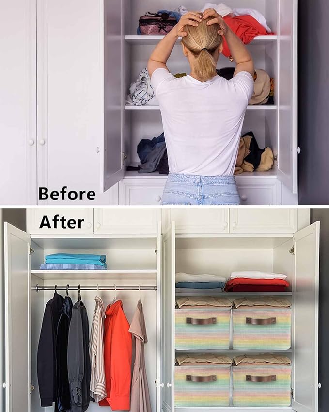 Colorful Striped Storage Bins Cubes Waterproof Cloth Storage Basket, Farmhouse Vertical Striped Burlap Rustic Foldable Storage Bags for Shelf Closet Clothes Organizers with Handles 15x11x9.5 in 2PCS