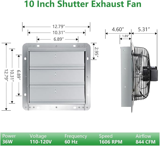 Shutter Exhaust Fan, 10 inch Wall Mount Attic Fans w/Speed Controller,844 CFM,Chicken Coops Vent Fan for Greenhouse, Gable, Barn, Garage, Shed Ventilation Fan