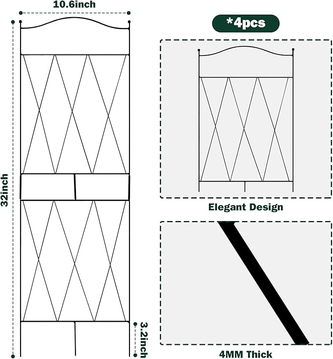32 Inch Metal Plant Trellis for Climbing Plants, 4 Pack Garden Trellis, Decorative Support for Pothos, Monstera, Ivy, Flowers & Houseplants，Indoor & Outdoor