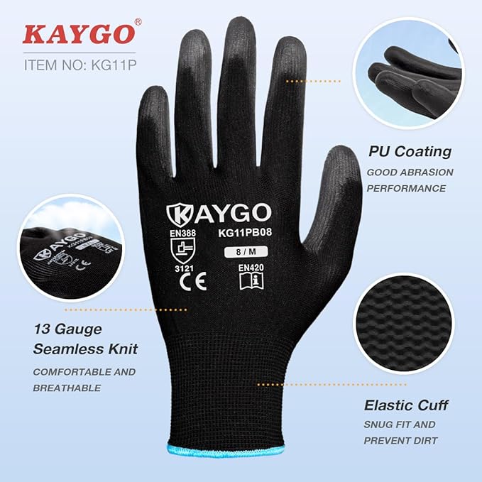 KAYGO Work Gloves for Men and Women,60 Pairs Seamless Knit PU Coated Safety Gloves, with Smooth Grip on Palm and Fingers, Ideal for Light Warehouse, Manufacturing, Gardening, KG11P (2XL, Black)