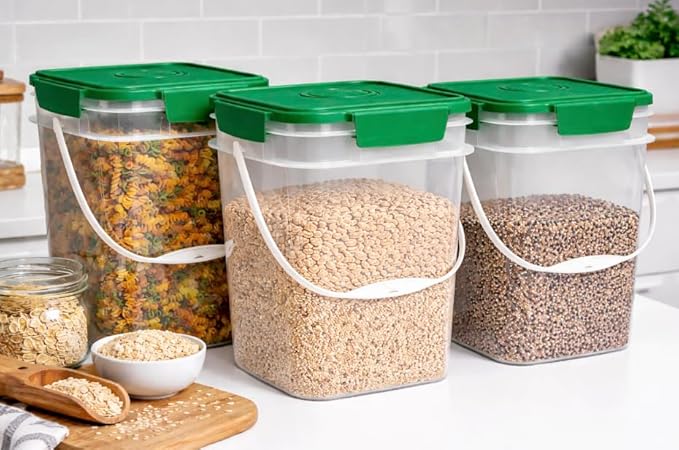 House Naturals 4 Gallon Square Food Grade Bucket Pail with Plastic Handles and Lid (Pack of 3) Made in USA containers (4G SQ Clear - Green lids)