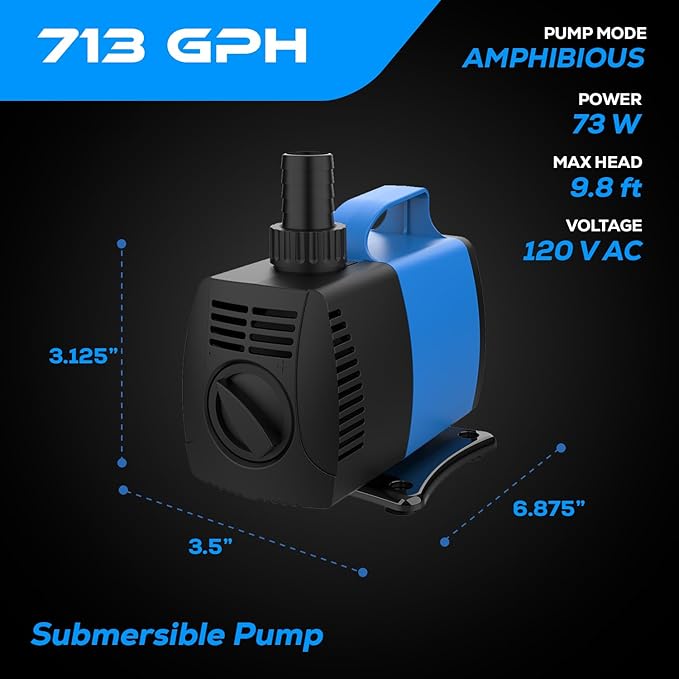713 GPH Amphibious Submersible and Inline Water Pump - For Aquarium, Pond, Hydroponics, Fountain with Ceramic Shaft, 8.5 ft Lift, 45W - 5 Pack