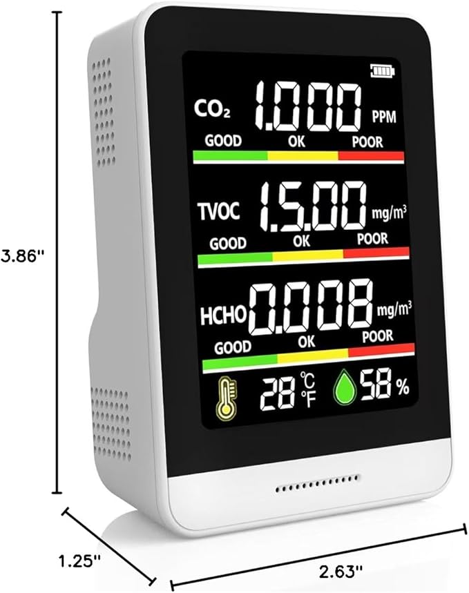 Air Quality Monitor Indoor,8-in-1 Smart Air Quality Tester with CO2, TVOC, HCHO, AQI, Temperature & Humidity, Real Time Display, Battery Powered, for Home & Office (White)