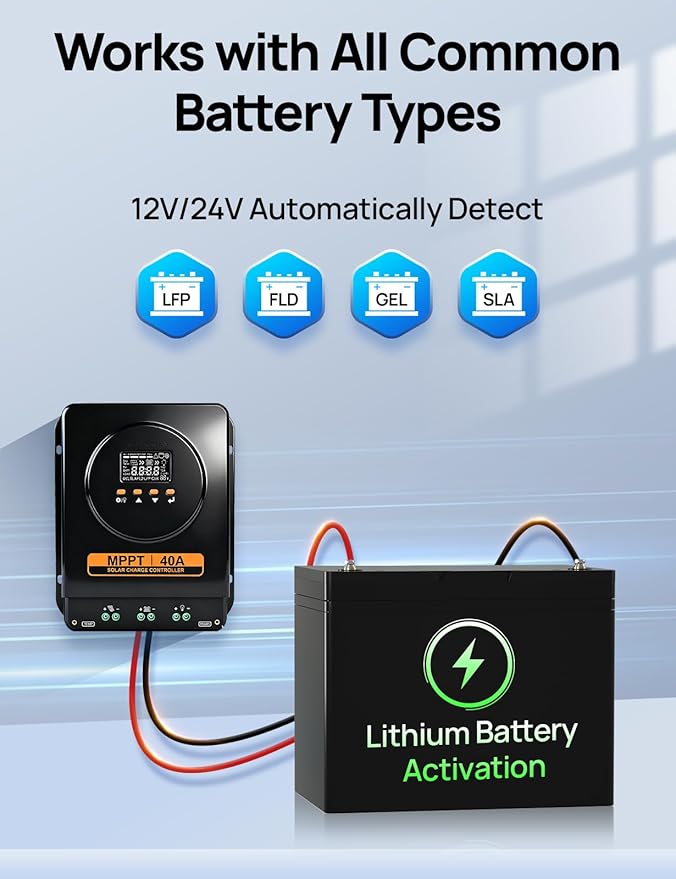 ECO-WORTHY MPPT Solar Charge Controller 40A with Bluetooth, 12V/24V Auto, LCD Display, Compatible with LiFePO4 Gel SLA Battery, Lithium Battery Activation for Solar Panels