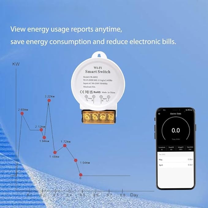 WiFi Smart Relay Switch, WIFI Smart Switch with Energy Meter 30A 90-250V AC, App and Voice Control, for Tuya Smart-Life Assistant, Remote and Timer Functions(white)