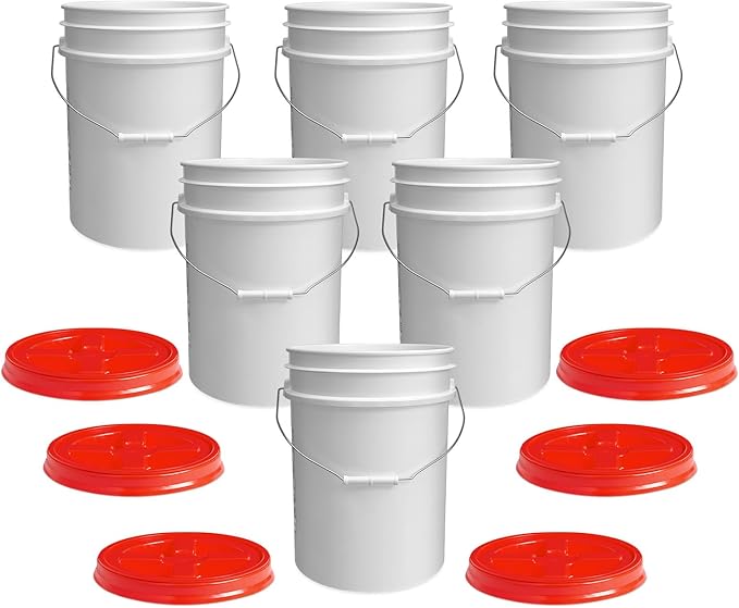 ePackageSupply 5 Gallon Bucket - Food Grade Bucket with Airtight Gamma Seal Screw-On Lid, BPA-Free, Heavy-Duty 90 Mil HDPE Plastic, Bulk Storage, Durable Container, Made in USA, White/Red, 6 Packs