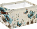 Teal Tulip Butterfly Storage Bins Cubes Waterproof Cloth Storage Basket,Turquoise Floral Farmhouse Beige Foldable Storage Bags for Shelf Clothes Storages Organizers with Handles 15x11x9.5 in 1PCS