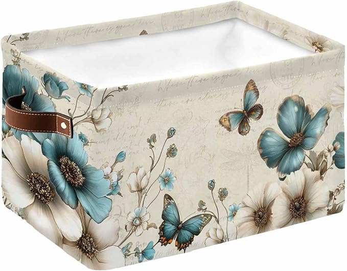 Teal Tulip Butterfly Storage Bins Cubes Waterproof Cloth Storage Basket,Turquoise Floral Farmhouse Beige Foldable Storage Bags for Shelf Clothes Storages Organizers with Handles 15x11x9.5 in 1PCS