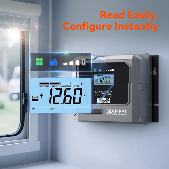 RICH SOLAR Bravo 30 | 30A MPPT Solar Charge Controller with Bluetooth – 12V/24V Auto-Detect, Lithium & Lead-Acid Battery Support for RVs, Campers & Off-Grid Systems