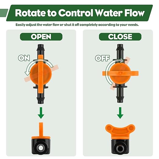 Kalolary 1/4" Drip Irrigation Valves, 30PCS Drip Line Barbed Valves Fittings Garden Shut Off Switch Valve for 4/7mm Tube Water Flow Control Drip Line Parts Cut Off Valve for Watering System (Orange)