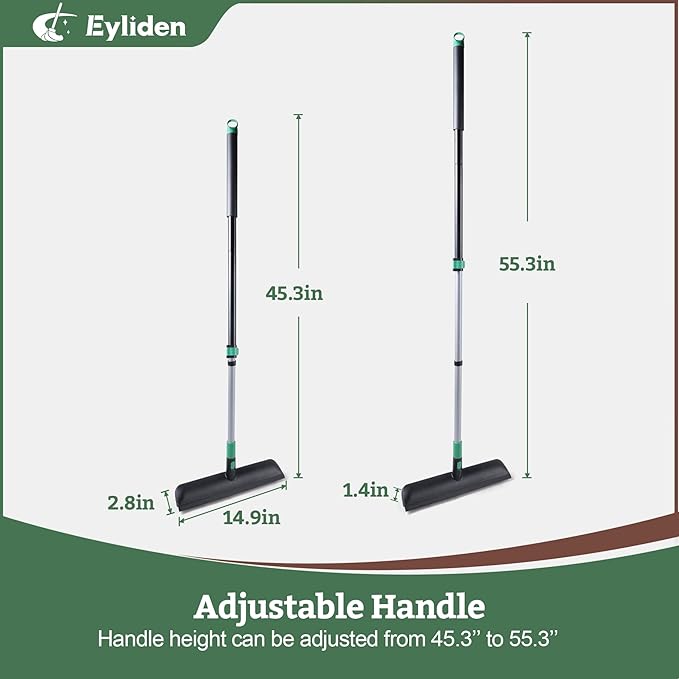 Eyliden Floor Scrub Brush with Long Handle, 15-inch Wide Deck Brush, 2in1 Floor Scrubber with Stiff Bristles and Rubber Squeegee for Bathroom, Shower, Kitchen, Patio, Garage, Telescoping Steel Handle