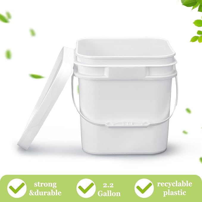 Suzile 2.2 Gallon White Food Grade Bucket with Lid Square Plastic Bucket 10L Utility Industrial Pail with Handle Container for Food Oil Tub Water Fishing Paint House Cleaning Car Washing