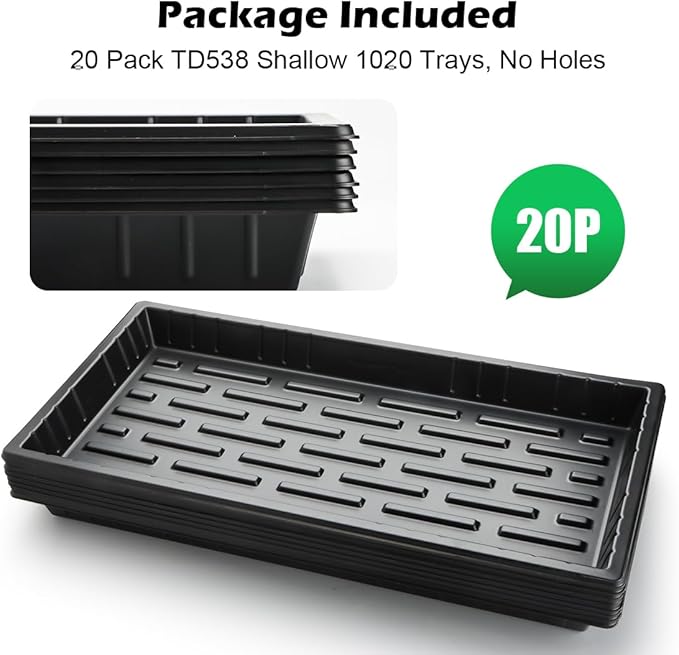 RooTrimmer 20 Pack Shallow 1020 Trays No Holes, Heavy Duty Reusable Seed Starter Flat Seedling Tray for 72/128 Cell Plug Tray, Transplant, Microgreen & Seed Germination (21"×11", 1.6" Deep, TD538)