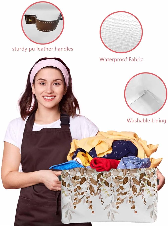 Orange Brown Eucalyptus Storage Bins Cubes Waterproof Cloth Storage Basket,Watercolor Spring Weeping Botanical Foldable Storage Bags for Shelf Storages Organizers with Handles 15x11x9.5 in 1PCS