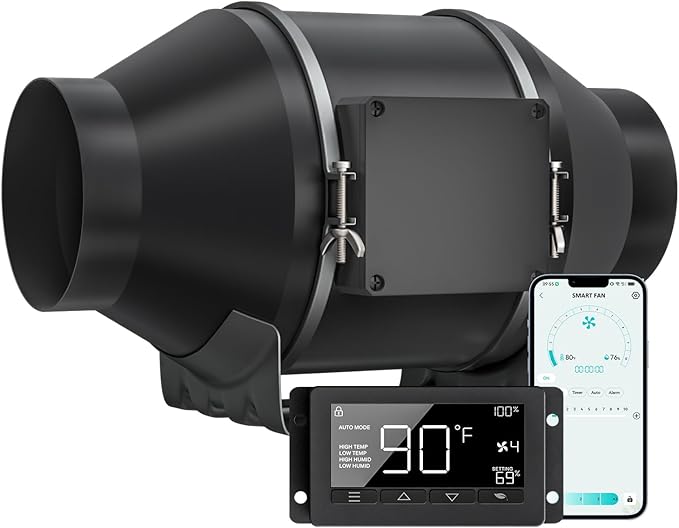 Toolazy 4 Inch Inline Duct Fan with WiFi App Control, 214 CFM Quiet EC Motor Ventilation Fan with Temperature Humidity Sensor, Smart Exhaust Fan for Grow Tent, Hydroponics, HVAC, 3D Printer