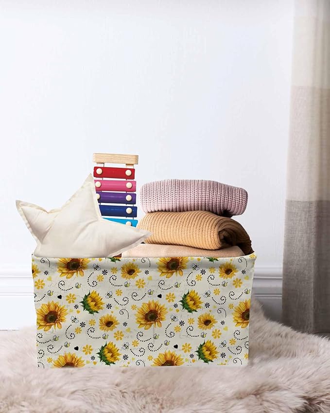 Vintage Sunflower Storage Bins Cubes Waterproof Cloth Storage Basket, Summer Botanical Farmhouse Floral Foldable Storage Bags for Shelf Clothes Storages Organizers with Handles 15x11x9.5 in 1PCS