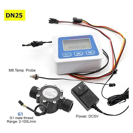 Smart Digital Water Flow Meter Set LCD Flow Rate Monitor Inline Electronic Flow Sensor with Temperature Display G1 G1/2 G3/4 Accurate Measurement(G1-DN25)
