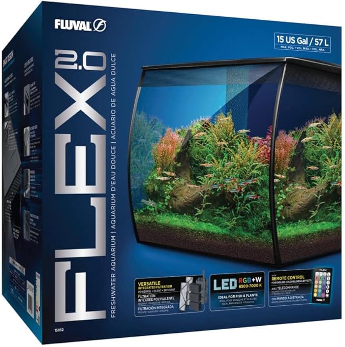 Fluval Flex 2.0 Aquarium Kit – 15 Gallon Glass Fish Tank with RGB+W LED Lighting, Remote Control, Integrated 3-Stage Filtration & Adjustable Water Flow – Modern Freshwater Aquarium