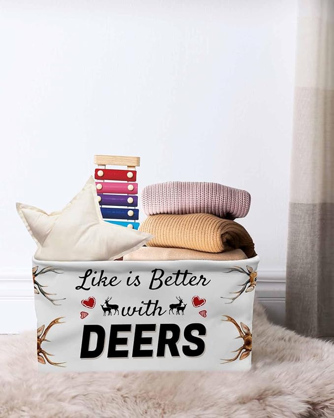 Deer Storage Bins Cubes Waterproof Cloth Storage Basket, Wildlife Animals Farmhouse Country Elk Foldable Storage Bags for Shelf Closet Clothes Storages Organizers with Handles 15x11x9.5 in 2PCS